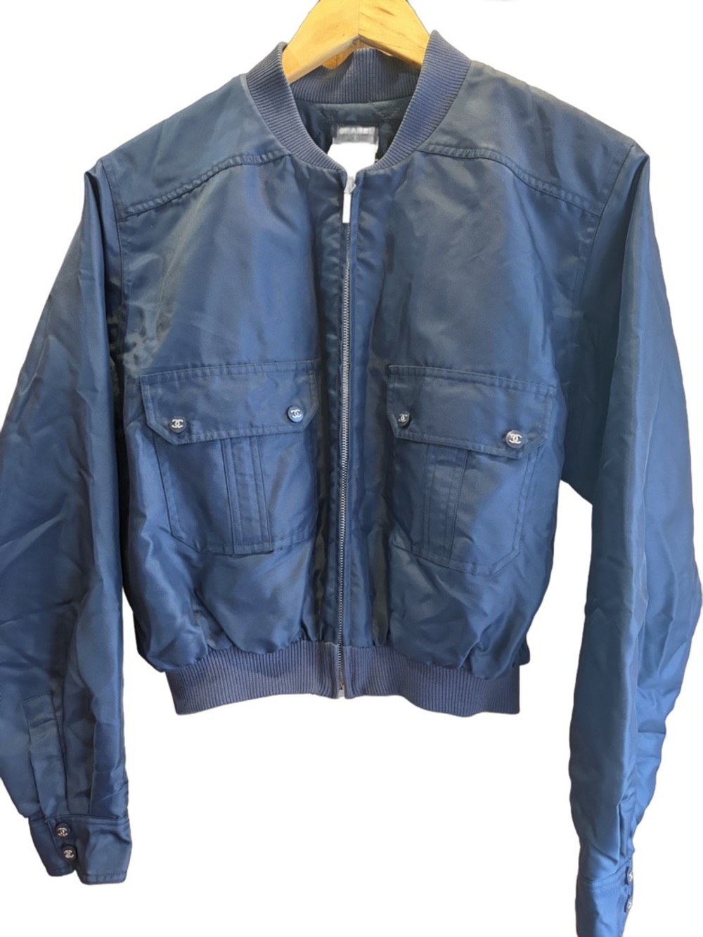 Vintage Chanel Navy Bomber Jacket Nylon w/Silk Lining 1997 STUNNING